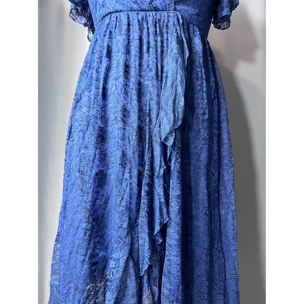 Royal Blue Floral Lace High-Low Faux Wrap Empire Waist Dress with Ruffle Detail - Picture 4 of 13